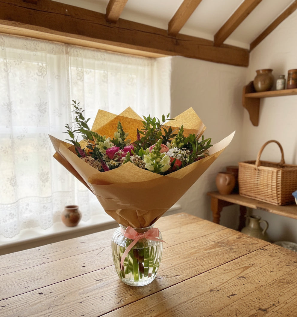 Bouquet of flowers in a glass vase with brown paper wrap on a white surface.