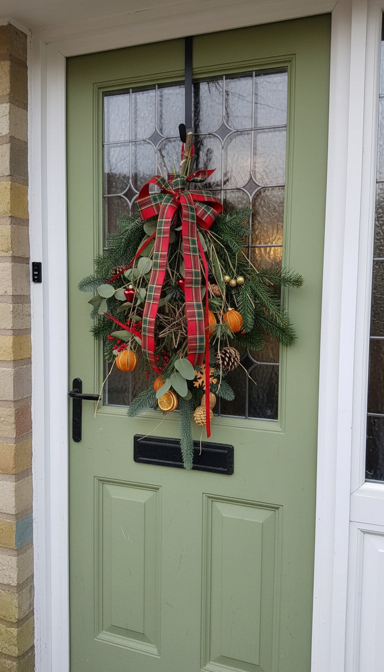 Decorative Christmas door swag with red ribbons and ornaments on a black door.