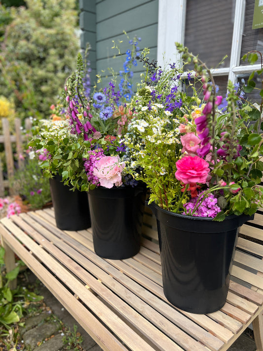 DIY wedding - buckets filled with seasonal flowers in colours of your choosing.