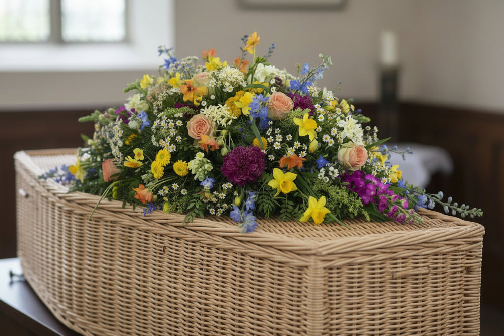 A casket spray of mixed seasonal flowers