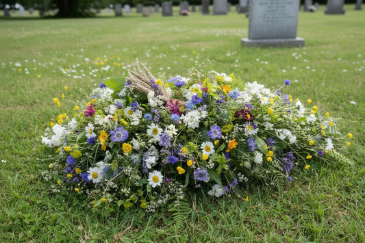 Summer flowers arranged as a spray for a funeral.