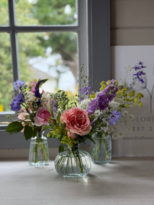 Pretty bud vases brimming with homegrown flowers. These are available to order in groups of 3 or 5 for local or national delivery from Flower Farm Floristry, Burscough, Ormskirk, Lancashire. A lovely gift option as an alternative to a traditional handtied bouquet. Picture by Millie Rose Content