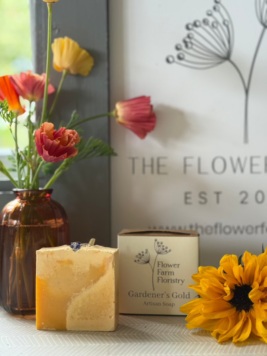 Scented with lemon, May Chang & Black Pepper- Gardeners, Flower Farmers soap to gently scrub and sooth hardworking hands. Exclusive to Flower Farm Floristry created by Ita's Natural Esentials, Rufford, Ormskirk, Lancashire. Photo by Millie Rose Content.