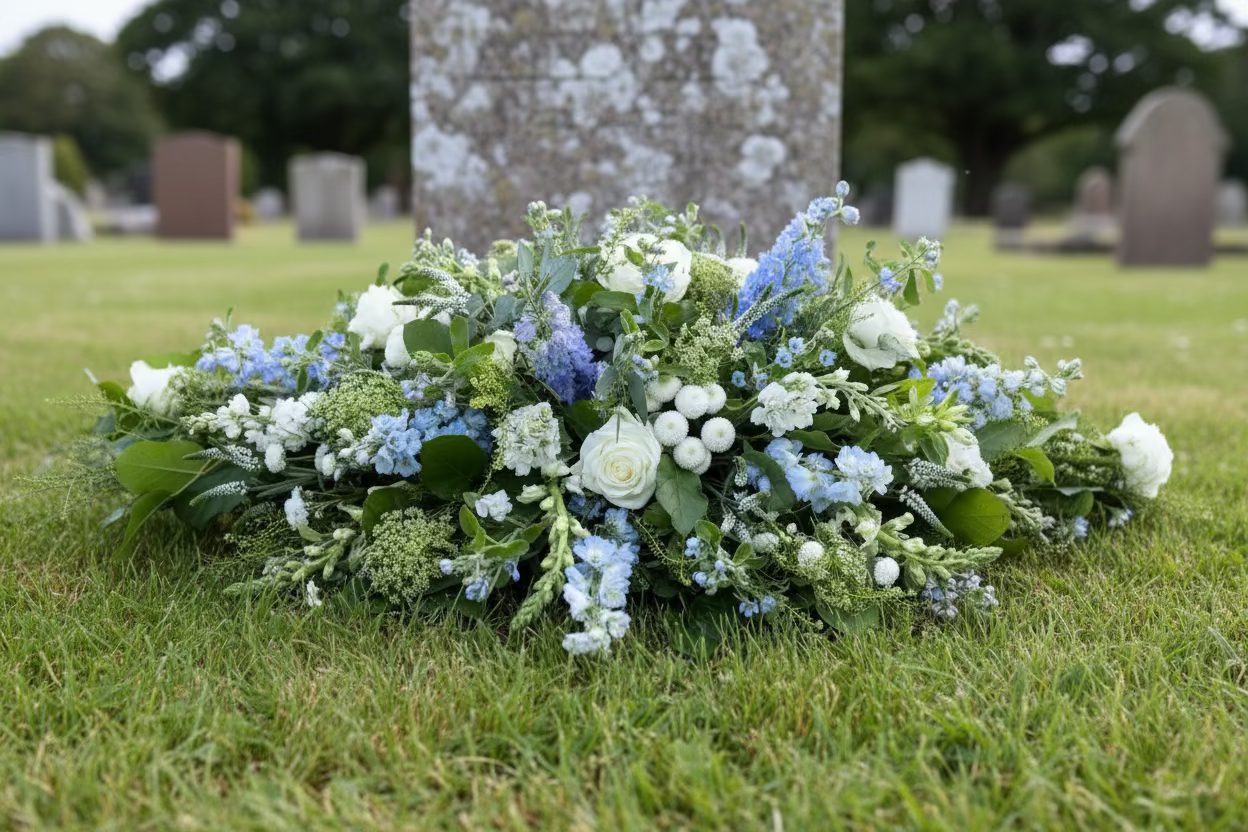 Blue and white flower arrangement for a funeral.