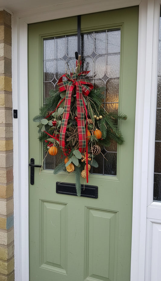 Decorative Christmas door swag with red ribbons and ornaments on a black door.