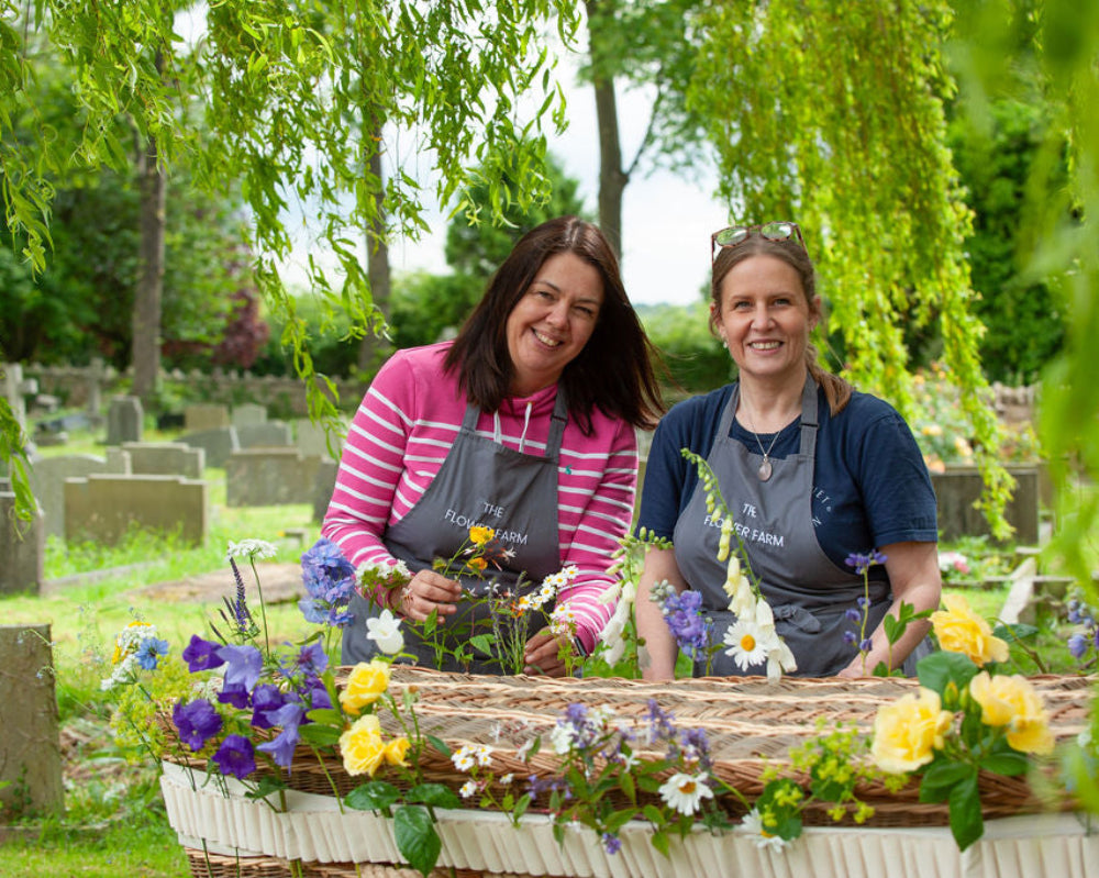 Sustainable, British grown funeral flowers, being arranged by Clare Ashcroft and Alison Matthew’s of The Flower Farm Floristry.
