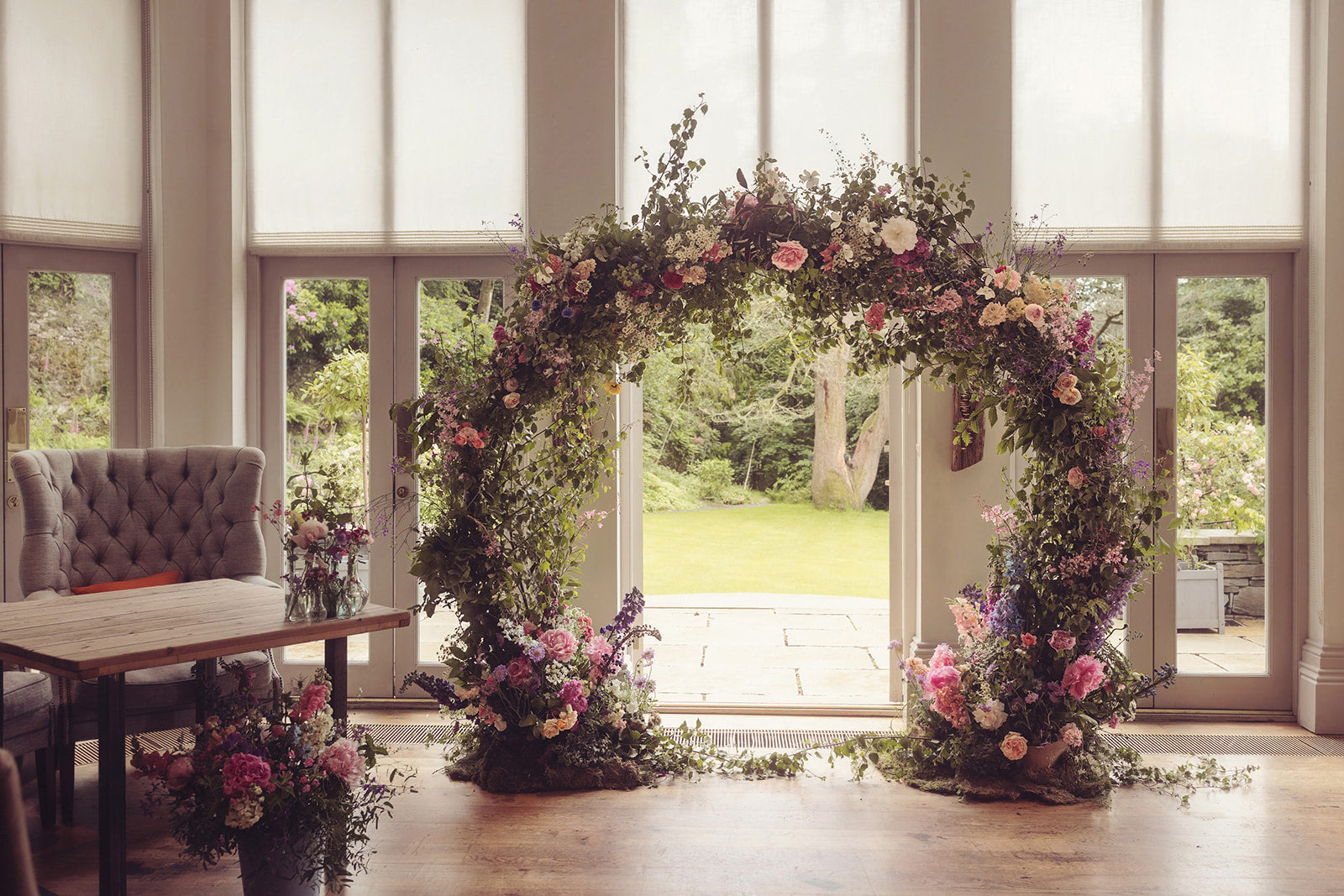 Photo by @TireeDawson of a foam free moon arch arrangement at Forest Side, Grasmere. Created with British flowers all grown in the North West of England.