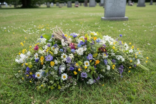 Summer flowers arranged as a spray for a funeral.