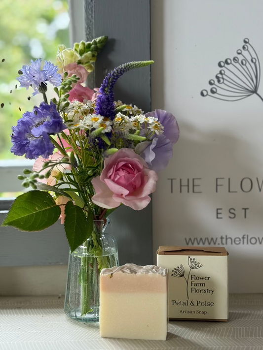 A luxurious and delicate floral fragranced soap bar, Petal & Poise exclusive to Flower Farm Floristry in collaboration with Ita's Natural Essentials, Rufford, Ormskirk, Lancashire. Picture by Millie Rose Content