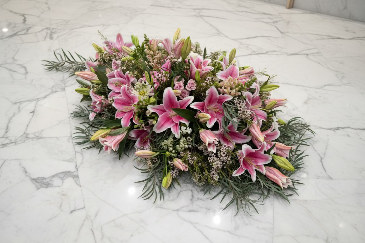 A casket spray of. pink lilies, with 