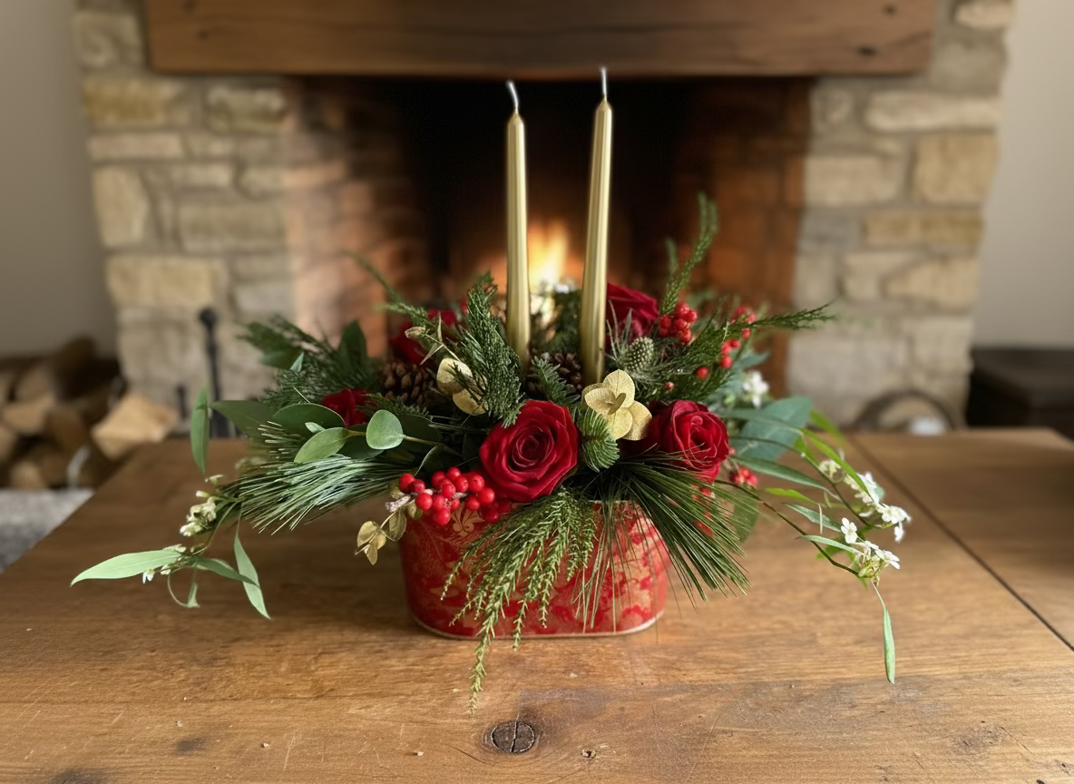 Decorative floral arrangement with red roses, greenery, and gold candles on a wooden surface.