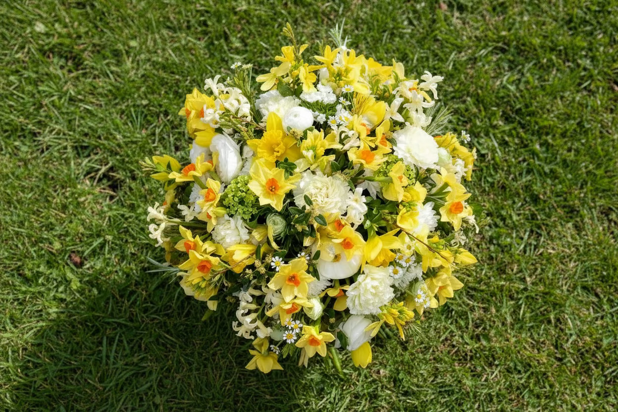 Arrangement of yellow and white flowers ina round shape on a dark textured background