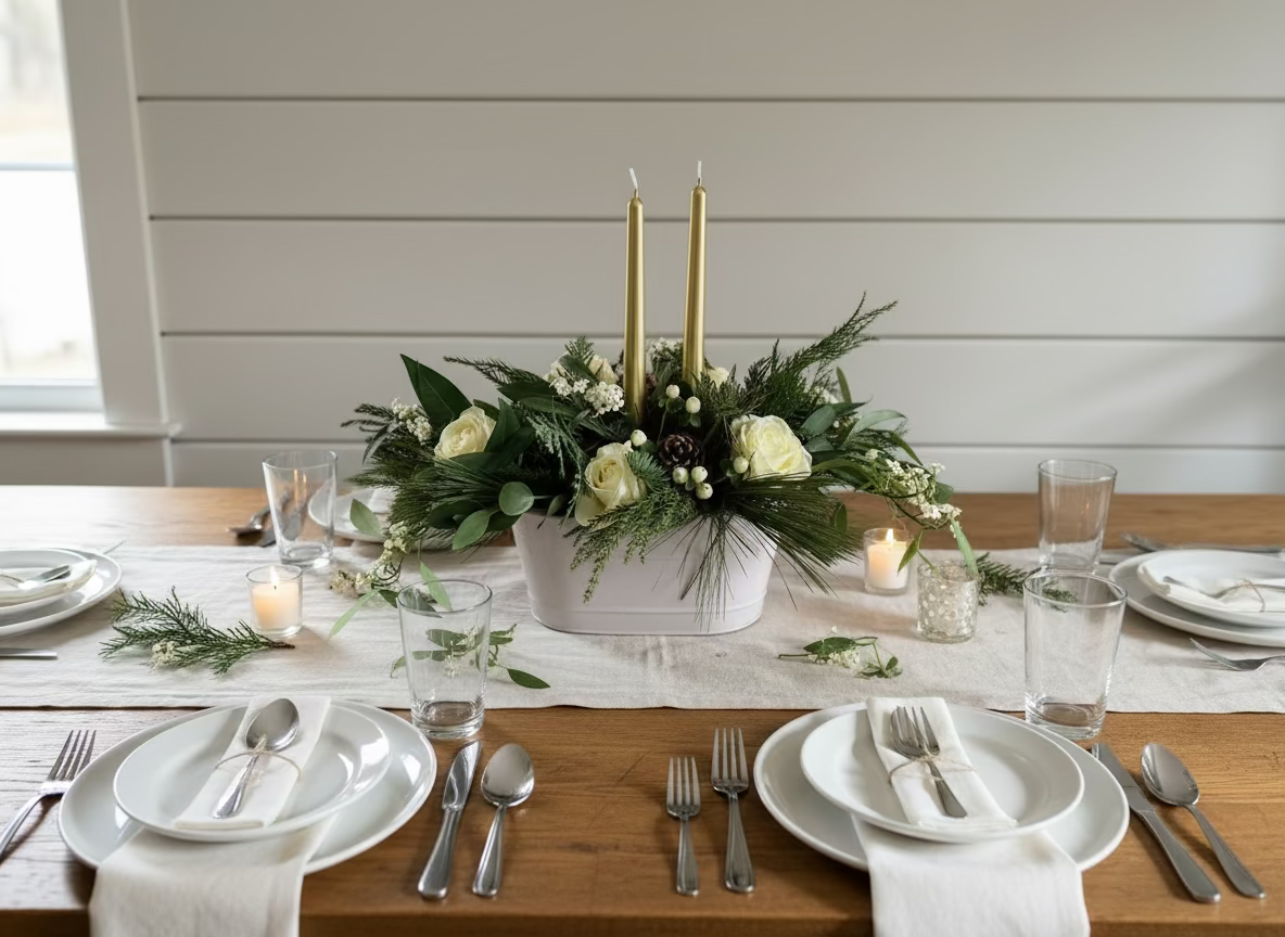 Elegant table setting with floral centerpiece, candles, and cutlery on a wooden table.