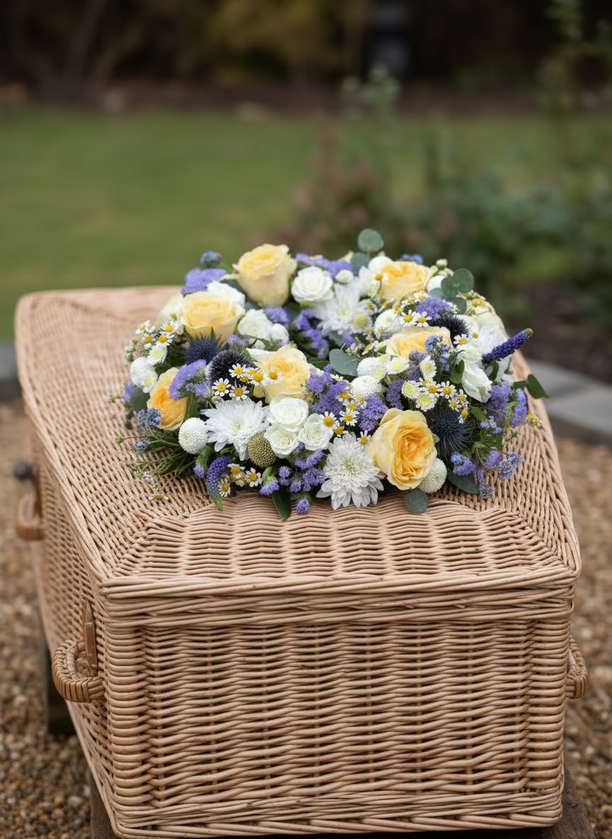 Floral arrangement with yellow, white, and purple flowers on a wooden surface.